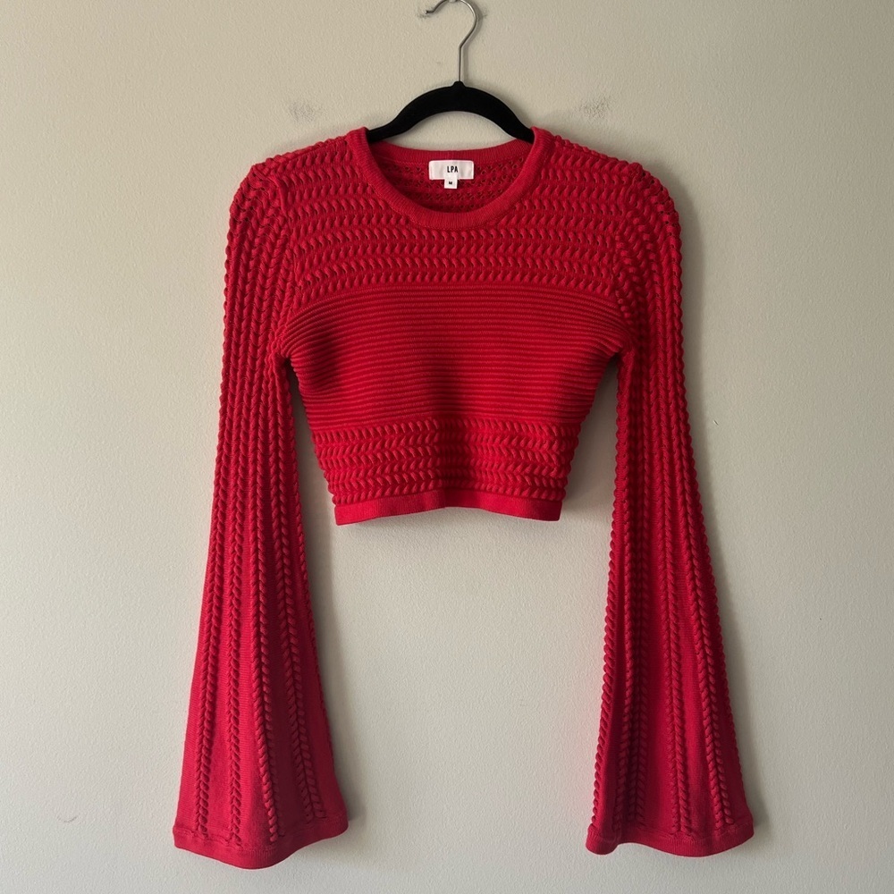 LPA Red Knit Bell Sleeve Crop Top Women’s Size M Long Sleeve Sweater